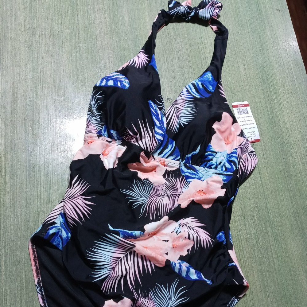 XL  tropical print on black swimsuit